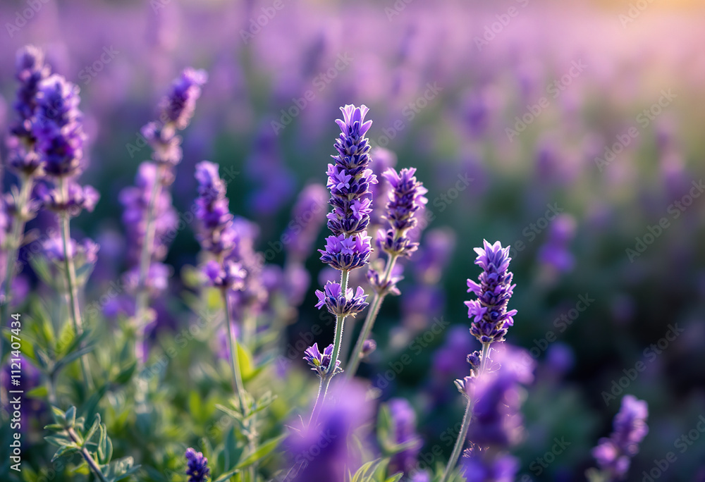 Purple lavender flowers in a field, with green foliage in the foreground and a blurred background Purple lavender flowers in a field, with green foliage in the foreground and a blurred background