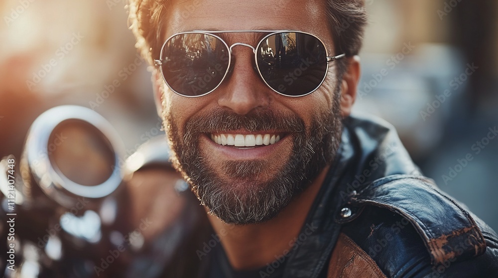 Smiling Man Biker in Sunglasses on Motorcycle Smiling Man Biker in Sunglasses on Motorcycle