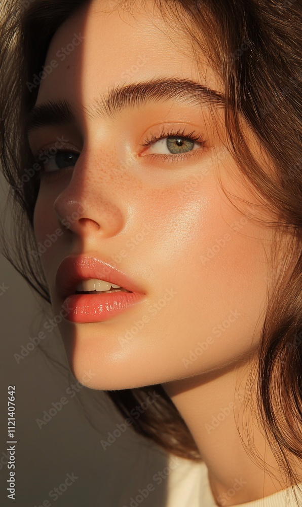 Obraz premium Close-up portrait of a young woman with sunlit face.