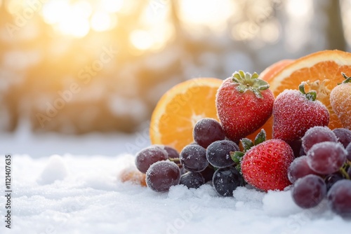 Colorful fruits on snow, capturing a winter still life scene.