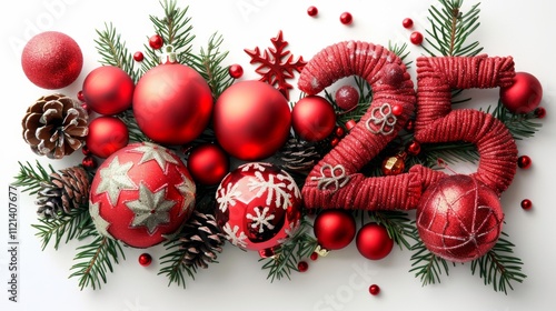 Intricate christmas decorations forming the number 25 in vibrant colors against a white background photo