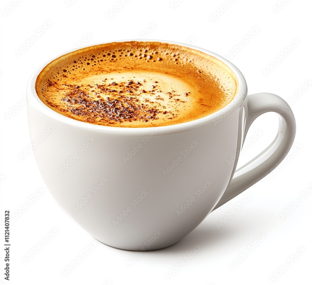 Obraz premium A steaming cup of cappuccino, topped with a dusting of cocoa powder. Warm and inviting, perfect for a cozy morning.