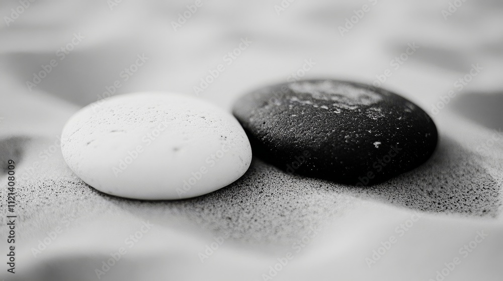 Black and white pebbles lie side by side on a sandy surface, symbolizing balance and contrast, set against a softly blurred background for a minimalistic feel. Black and white pebbles lie side by side on a sandy surface, symbolizing balance and contrast, set against a softly blurred background for a minimalistic feel.