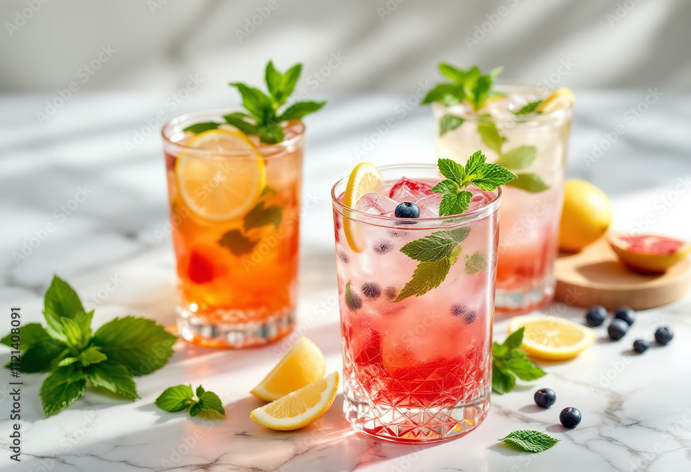 Three glasses of refreshing summer drinks with lemon slices, mint leaves, and other fruit garnishes on a marble surface Three glasses of refreshing summer drinks with lemon slices, mint leaves, and other fruit garnishes on a marble surface