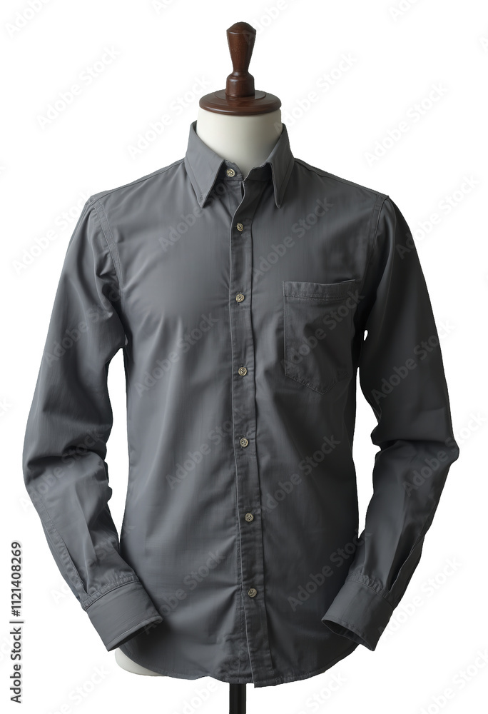 Steel grey office shirt with chest pocket on mannequin, transparent isolated png Steel grey office shirt with chest pocket on mannequin, transparent isolated png