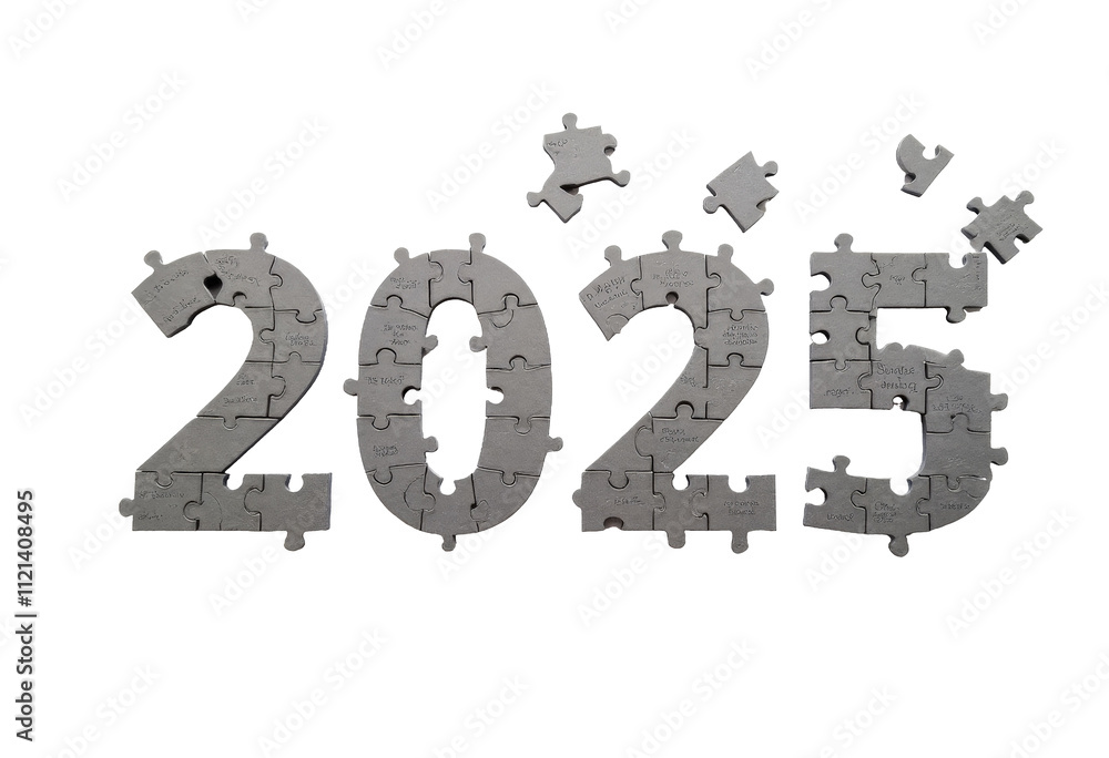 Naklejka premium Partially completed 2025 puzzle with scattered pieces, transparent isolated png