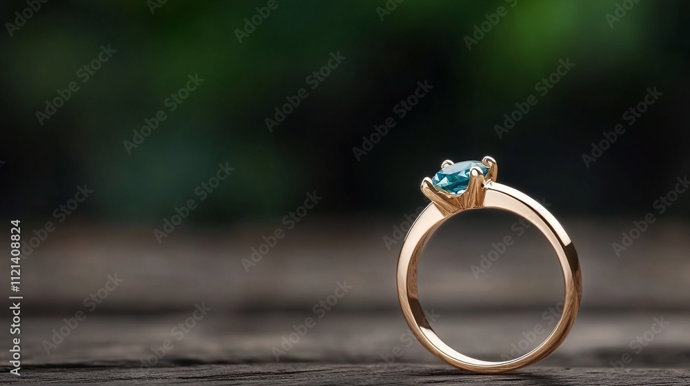 Elegant gold ring featuring a blue gemstone on a wooden surface. Elegant gold ring featuring a blue gemstone on a wooden surface.
