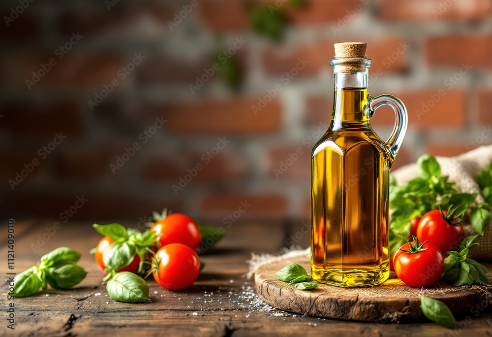 A bottle of olive oil, fresh basil leaves, and tomatoes on a wooden table in front of a brick wall A bottle of olive oil, fresh basil leaves, and tomatoes on a wooden table in front of a brick wall