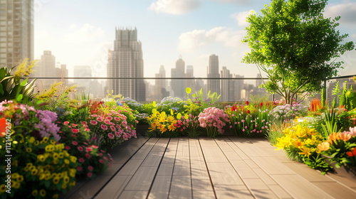 A tranquil urban Modern minimalistic garden featuring lush plants and a wooden deck , mockup 3d render exterior