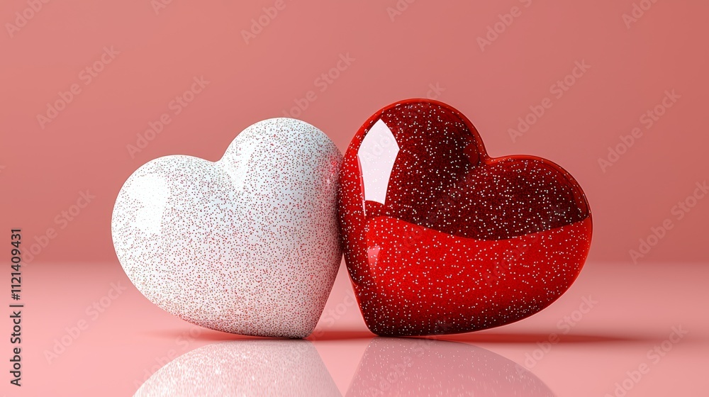 Fototapeta premium Valentine's Day Celebration with Red and White Glitter Hearts Festive Decor Romantic Atmosphere Close-Up View for Love Storytelling