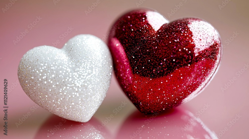 Obraz premium Valentine's Day Celebration with Glittery Hearts Romantic Setting Decorative Art Bright Lighting Close-up View Love Theme