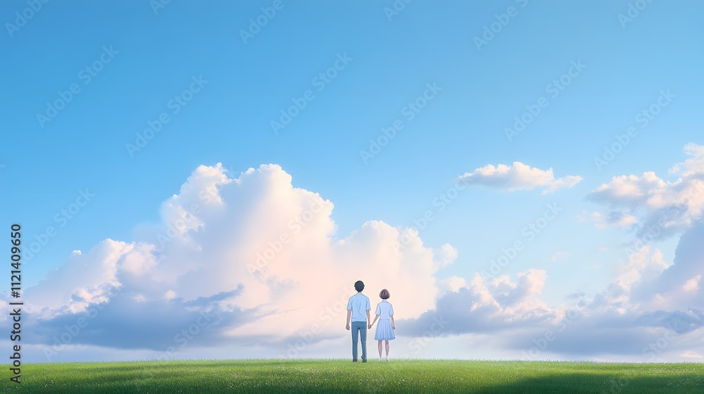 A serene view of a young couple standing on a grassy hill under a blue sky. A serene view of a young couple standing on a grassy hill under a blue sky.