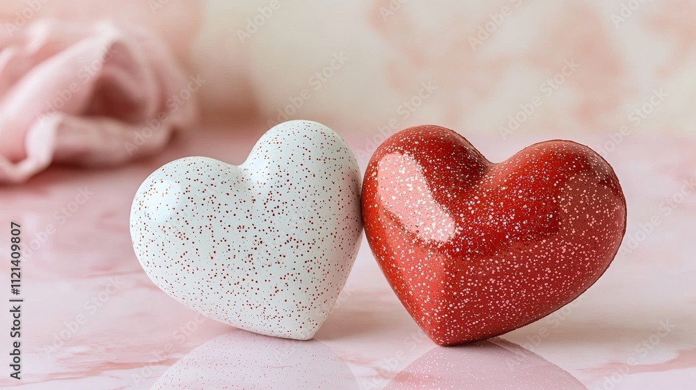 Obraz premium Valentine's Day Heart Decorations Home Decorative Objects Romantic Atmosphere Close-Up Celebrating Love with Red and White Hearts