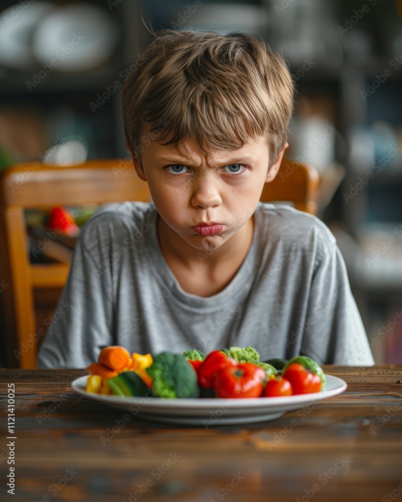 Displeased boy in pajamas stands before plate of cooked vegetables promoting healthy eating for kids Displeased boy in pajamas stands before plate of cooked vegetables promoting healthy eating for kids