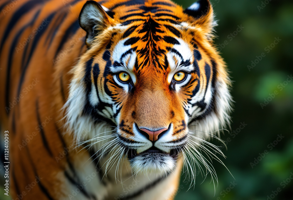 Fototapeta premium A close-up portrait of a Siberian tiger with striking orange and black striped fur, piercing yellow eyes, and a powerful expression against a blurred green natural background