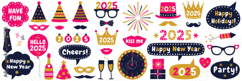 New Year 2025 vector party photo booth props and design elements set with hats, glasses, mustaches, lips, speech bubbles, fireworks
