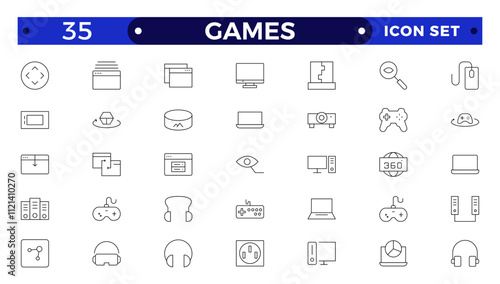 Games outline icon set. Gaming icon elements containing points and life bars, console, player, chess, multiplayer, casino and mobile game icons.video games, gaming, technology, gadget, esport.