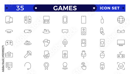 Games outline icon set. Gaming icon elements containing points and life bars, console, player, chess, multiplayer, casino and mobile game icons.video games, gaming, technology, gadget, esport.