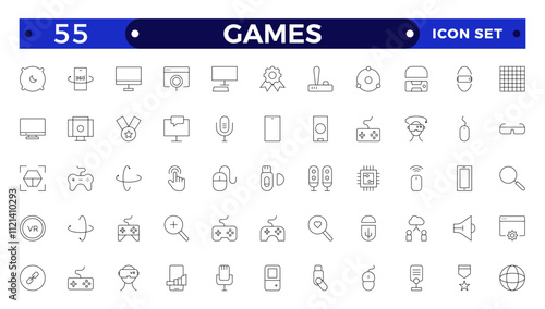 Games outline icon set. Gaming icon elements containing points and life bars, console, player, chess, multiplayer, casino and mobile game icons.video games, gaming, technology, gadget, esport.