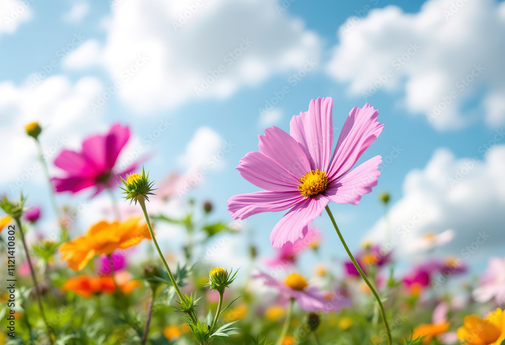 A field of colorful wildflowers against a blue sky with fluffy white clouds A field of colorful wildflowers against a blue sky with fluffy white clouds