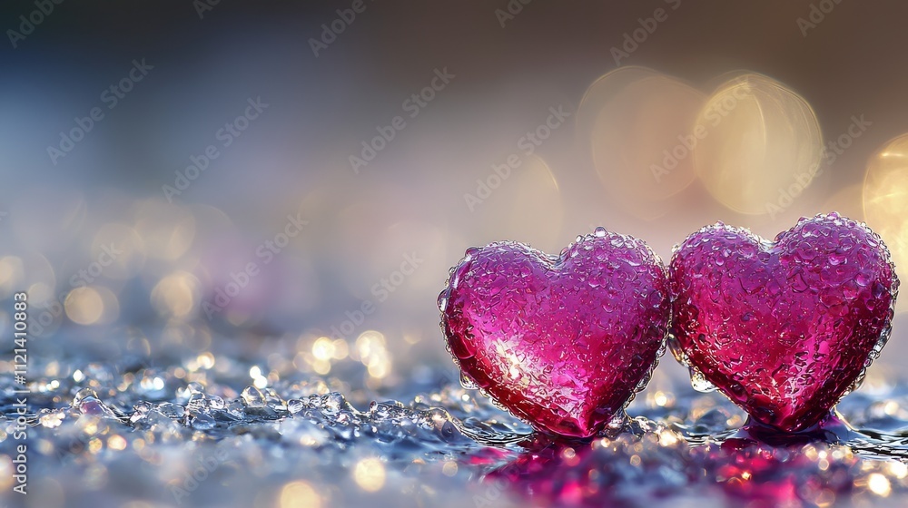 Valentine's Day RomanceTwo Pink Hearts with Water Drops Outdoor Serenity Close-Up View Love Concept for the Heartfelt Celebration Valentine's Day RomanceTwo Pink Hearts with Water Drops Outdoor Serenity Close-Up View Love Concept for the Heartfelt Celebration