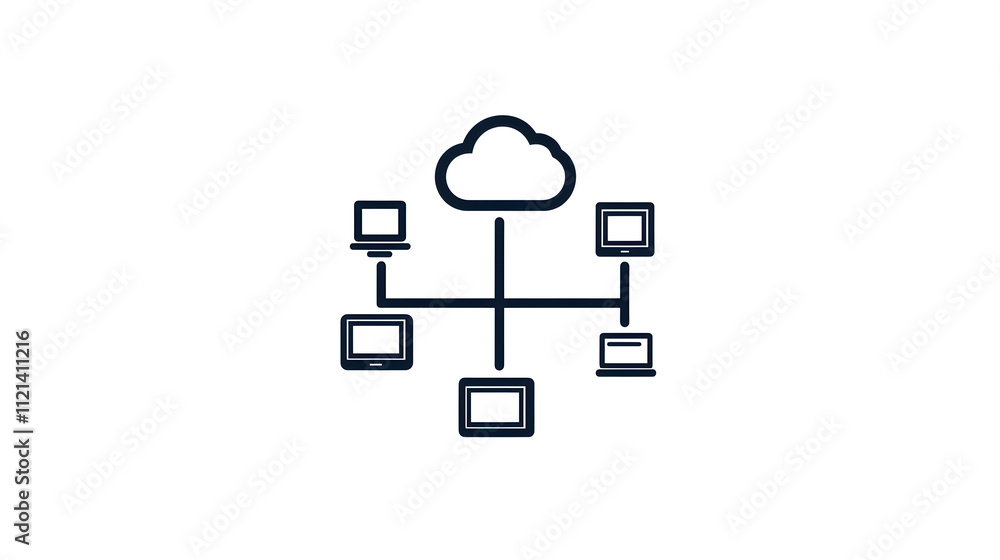 An outline of a cloud computing network with simple devices connected by dotted lines. Cloud computing network icon. An outline of a cloud computing network with simple devices connected by dotted lines. Cloud computing network icon.