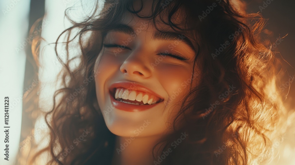Elegant brunette model with long, glossy curls and soft makeup smiles warmly, her laughter illuminating a fashion-forward scene Elegant brunette model with long, glossy curls and soft makeup smiles warmly, her laughter illuminating a fashion-forward scene