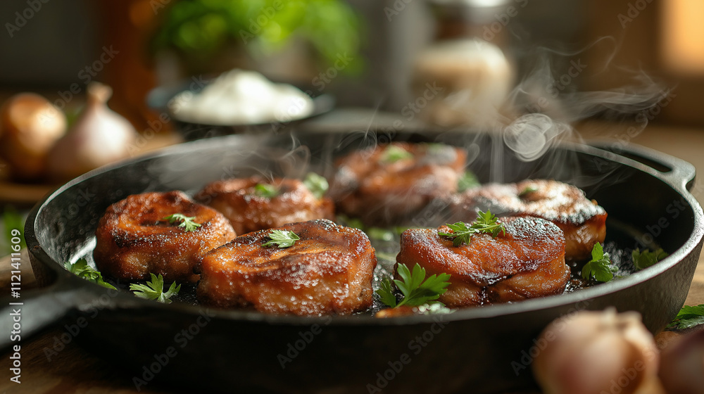 Close-up of pan-fried kolduny in cast-iron skillet with golden, crispy edges, fresh herbs, sour cream dip, and rustic kitchen background, capturing rich textures and warm, hearty atmosphere. Close-up of pan-fried kolduny in cast-iron skillet with golden, crispy edges, fresh herbs, sour cream dip, and rustic kitchen background, capturing rich textures and warm, hearty atmosphere.