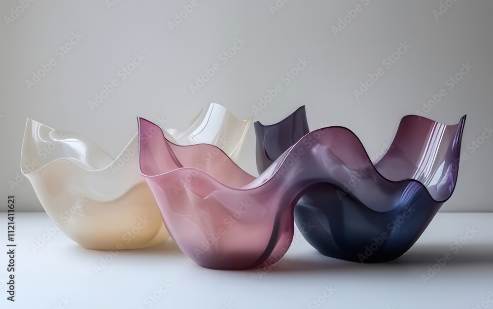 Three translucent resin bowls in varying shades of purple, pink, and white, exhibiting a wavy, organic form. Three translucent resin bowls in varying shades of purple, pink, and white, exhibiting a wavy, organic form.