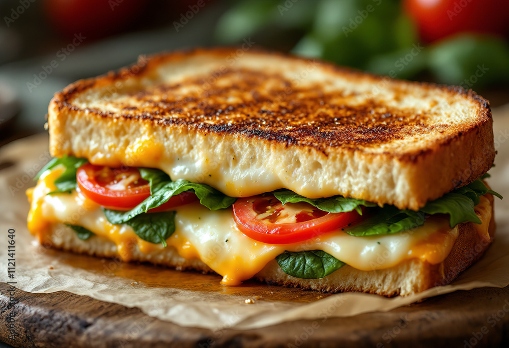 A grilled cheese sandwich with melted cheese, tomato slices, and spinach leaves between two slices of toasted bread A grilled cheese sandwich with melted cheese, tomato slices, and spinach leaves between two slices of toasted bread