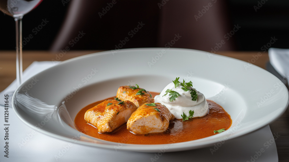 Contemporary Csirkepaprikás served in sleek white plate with chicken, velvety paprika sauce, nokedli, sour cream swirl, red wine, and elegant table setting. Contemporary Csirkepaprikás served in sleek white plate with chicken, velvety paprika sauce, nokedli, sour cream swirl, red wine, and elegant table setting.