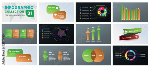 A comprehensive infographic set with modern design elements, including charts, flowcharts, and icons. Perfect for business presentations, marketing strategies, and project planning.