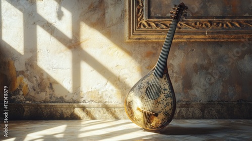 A beautifully crafted lute rests against an ornate wall, bathed in warm, nostalgic sunlight.