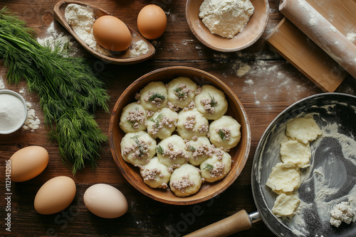 Flat-lay of kolduny ingredients: ground beef and pork, diced onions, fresh dill, eggs, flour, salt, dough cutouts, prepared filling, and frying pan, captured in warm, inviting light. photo