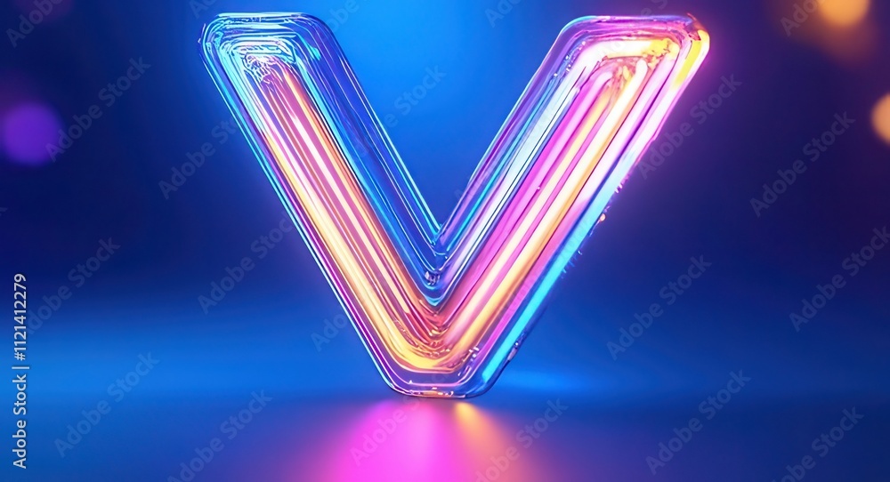 Vibrant neon letter V with colorful glowing lines on dark background. Vibrant neon letter V with colorful glowing lines on dark background.