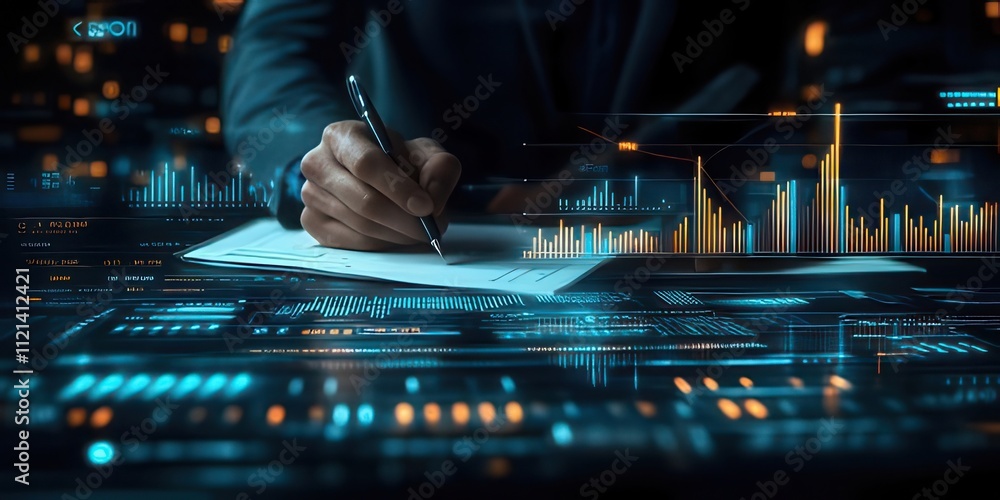 Businessperson signing document with digital data. Businessperson signing document with digital data.