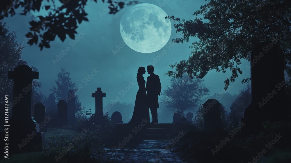 In a serene graveyard under the moonlight, a silhouetted couple stands united, their love transcending time and space