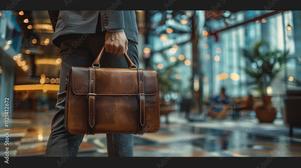 A man in business attire, holding a stylish leather briefcase against a modern office backdrop A man in business attire, holding a stylish leather briefcase against a modern office backdrop