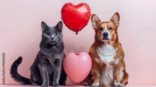 Valentine's Day CelebrationAdorable Cats and Dogs with Heart Balloons Indoor Studio Cute Pet Photography Love Theme photo