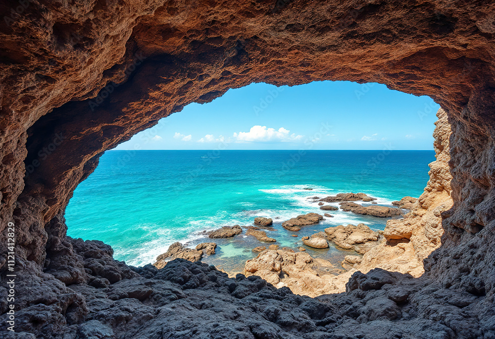 Fototapeta premium A rocky coastline with a natural arch formation overlooking a vibrant turquoise blue ocean under a clear sky