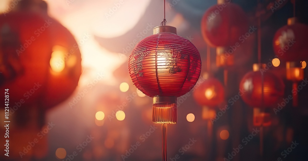 Illuminated red lanterns hanging in a warm-lit Asian setting at sunset. Illuminated red lanterns hanging in a warm-lit Asian setting at sunset.