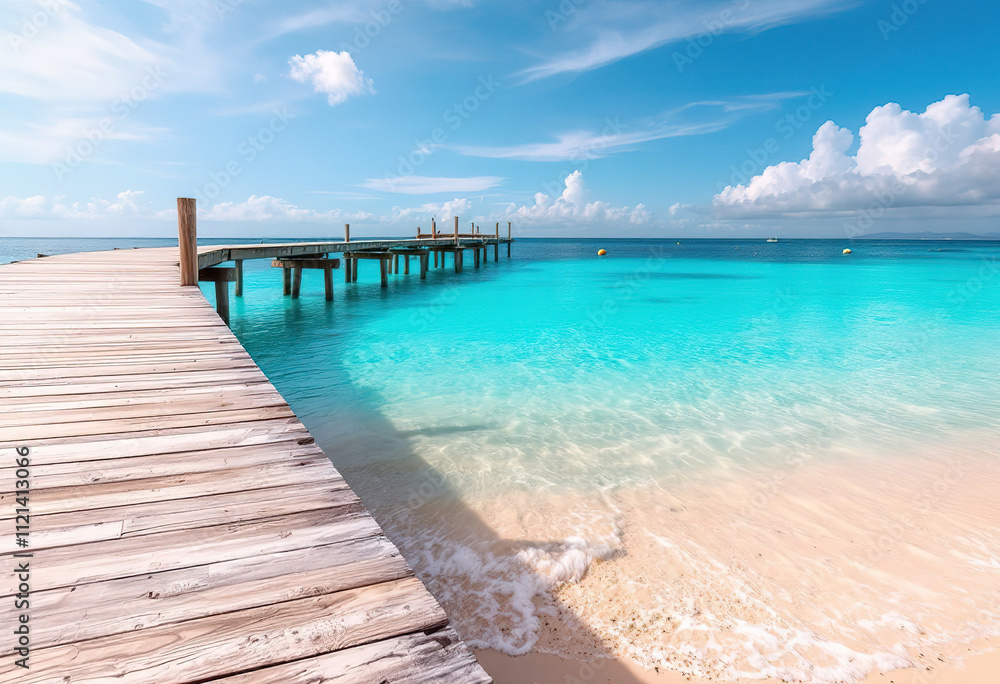A tropical beach with crystal clear turquoise water, a wooden dock or pier extending into the water, and a few small boats or buoys visible in the distance A tropical beach with crystal clear turquoise water, a wooden dock or pier extending into the water, and a few small boats or buoys visible in the distance