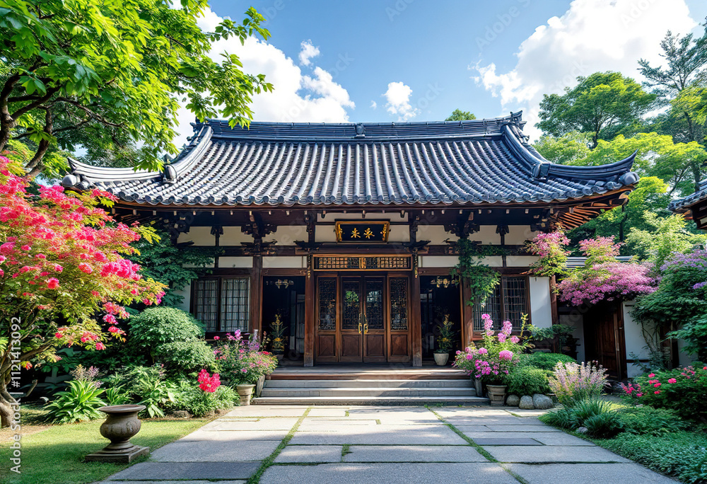 A traditional Japanese house with a tiled roof and ornate architectural details, surrounded by lush greenery and colorful flowers A traditional Japanese house with a tiled roof and ornate architectural details, surrounded by lush greenery and colorful flowers