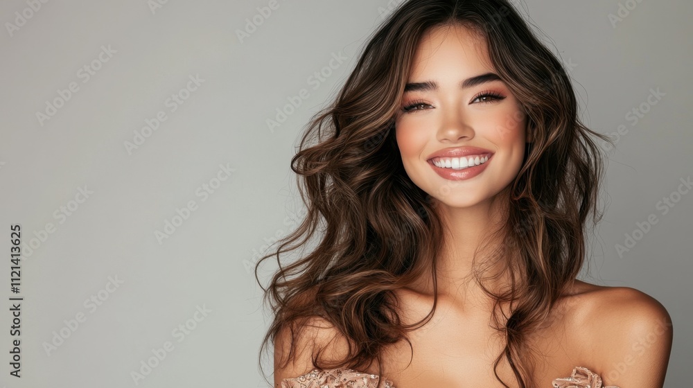 Smiling brunette model with cascading curls and radiant makeup poses confidently in a stylish outfit, highlighting beauty and fashion Smiling brunette model with cascading curls and radiant makeup poses confidently in a stylish outfit, highlighting beauty and fashion
