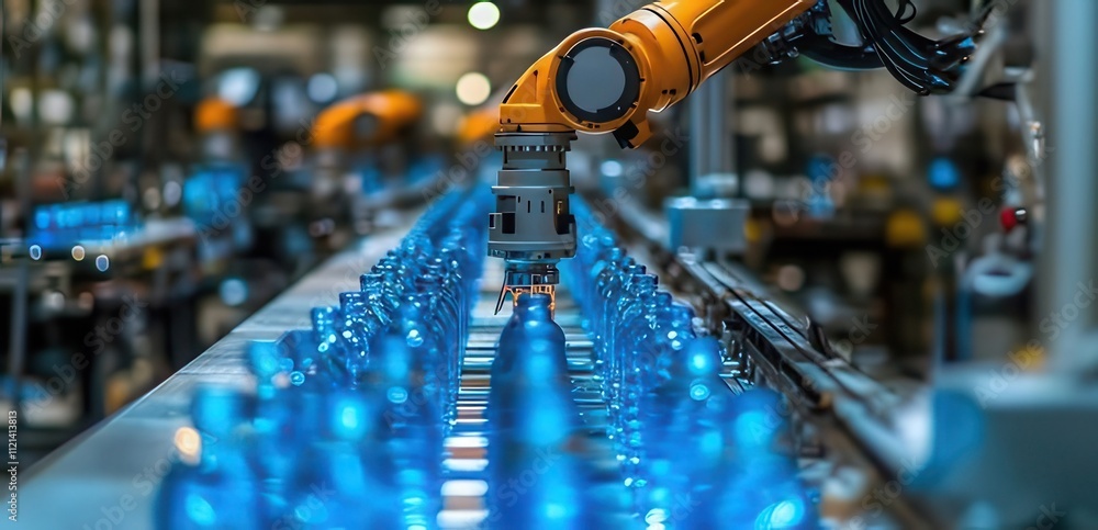Robotic arm manipulating blue bottles on a production line. Robotic arm manipulating blue bottles on a production line.