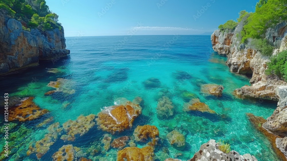 Fototapeta premium Tranquil Bay Surrounded by Tall Cliffs and Clear Waters