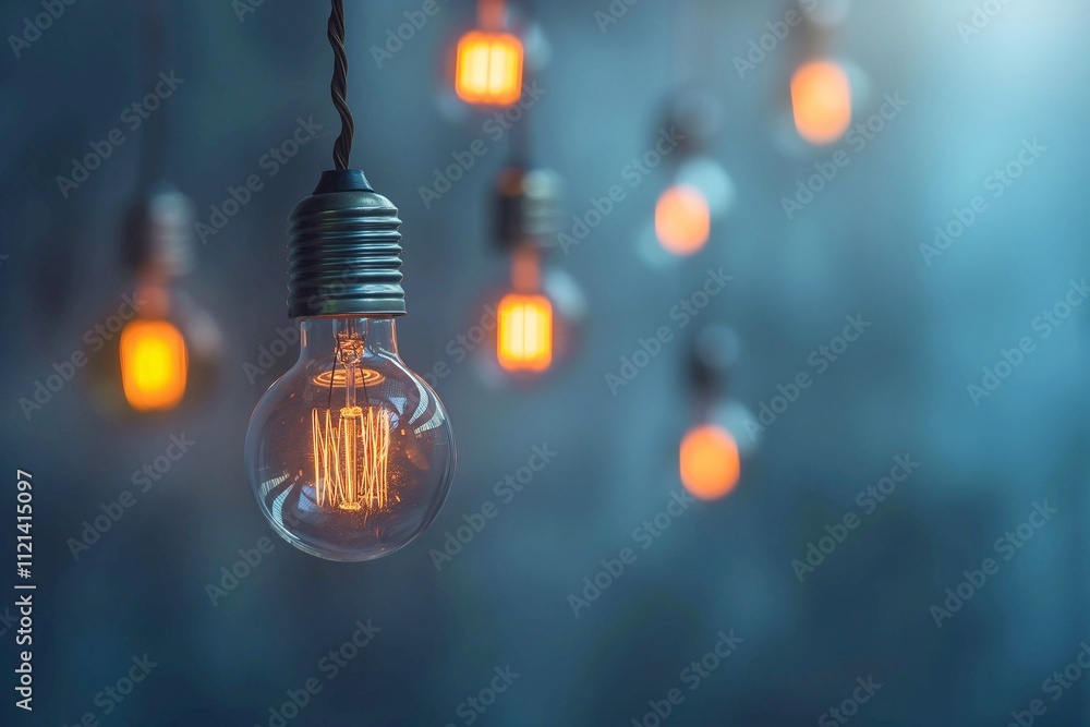 Glowing light bulb against the background of other light bulbs, concept of energy, electrical lighting Glowing light bulb against the background of other light bulbs, concept of energy, electrical lighting