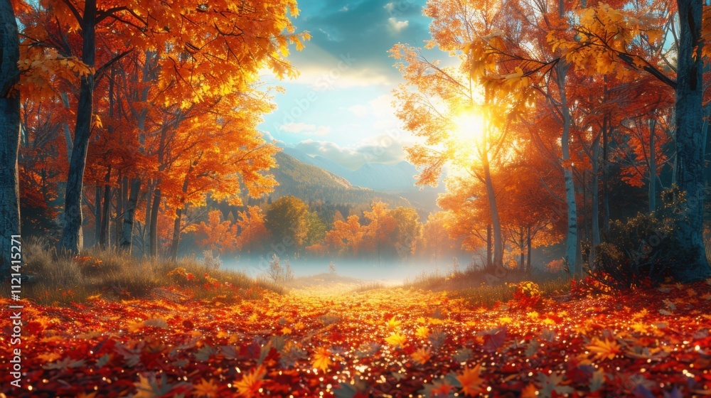 Fototapeta premium Vibrant Autumn Forest with Colorful Leaves and Hills