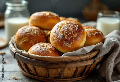 Freshly baked bread rolls in a wooden basket, with a glass of milk in the background