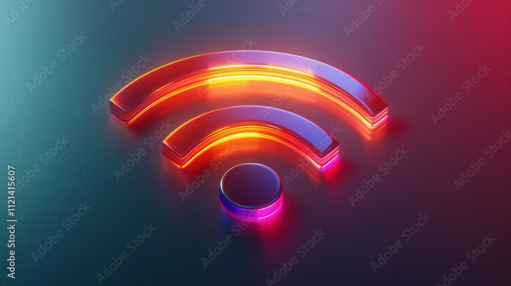 Glowing neon wifi symbol in red and purple creating modern technology icon against dark blue gradient background Glowing neon wifi symbol in red and purple creating modern technology icon against dark blue gradient background